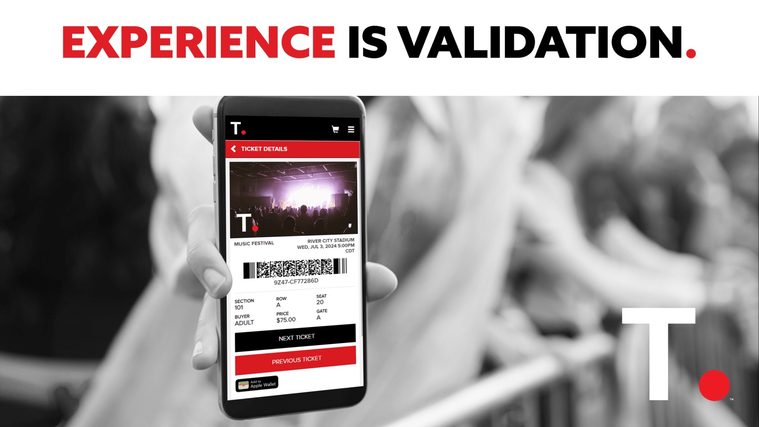 Tickets.com promotional image showing a mobile ticket with a barcode on a phone