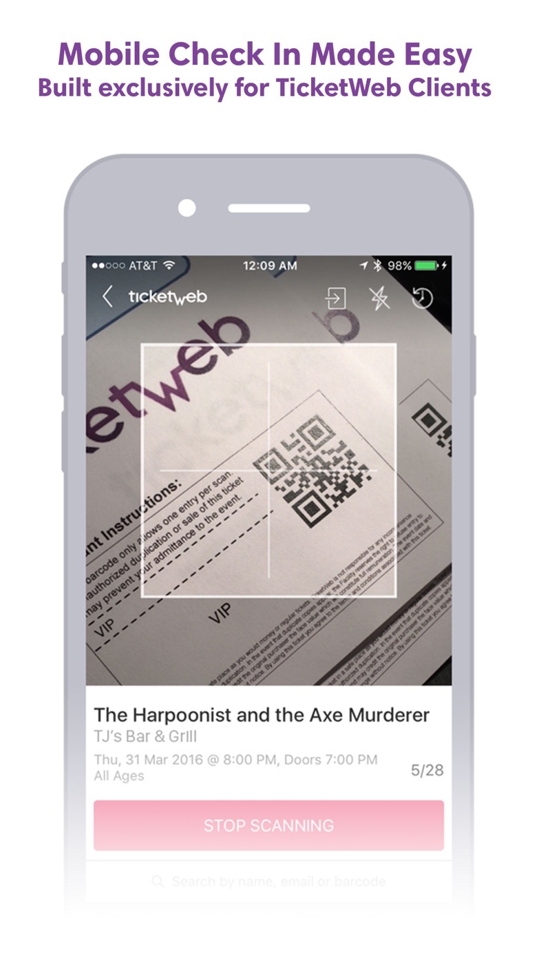 TicketWeb CheckIn app promotional screenshot showing a phone scanning a ticket QR code