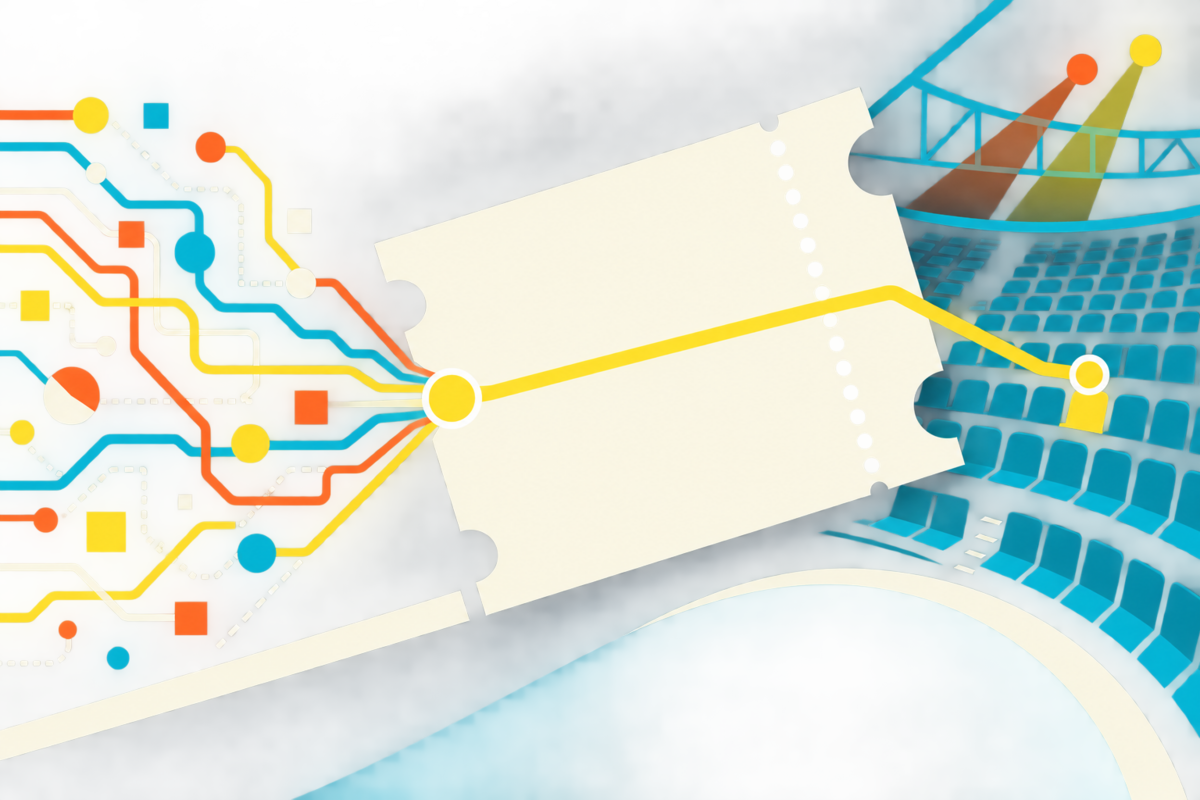Abstract Swiss-style illustration of ticket routes converging on a stadium seat