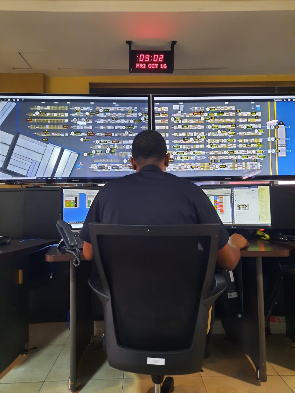 A seated terminal controller facing large screens displaying equipment and container positions at Manzanillo International Terminal