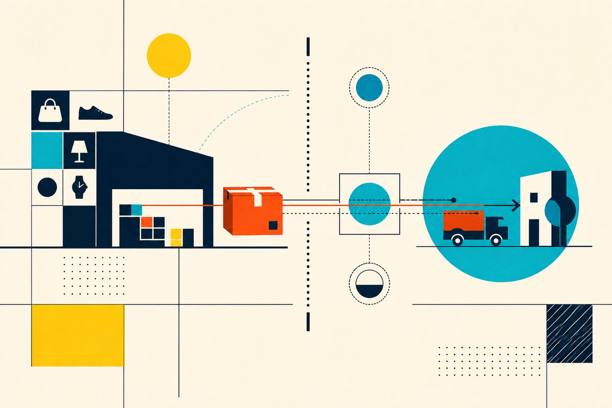 Abstract Swiss-style illustration of a parcel moving through retail, customs and delivery stages