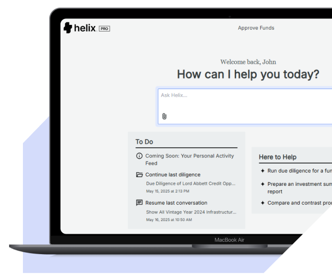 Helix Pro product interface showing a question box, fund diligence tasks and investment-summary tools