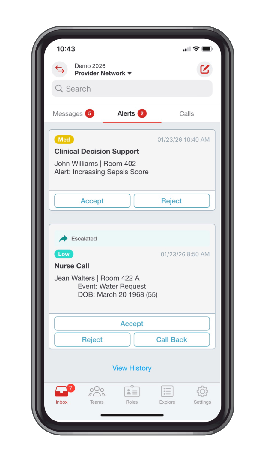 TigerConnect Alarm Management interface showing a mobile clinical alert