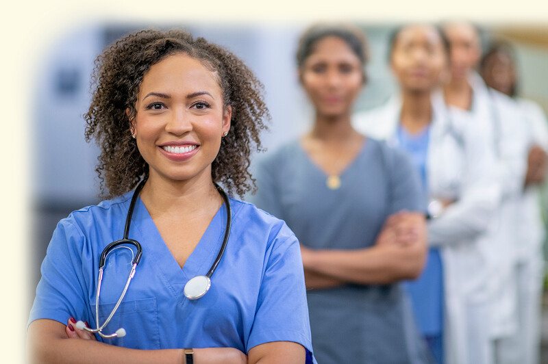 Clinicians in a hospital corridor