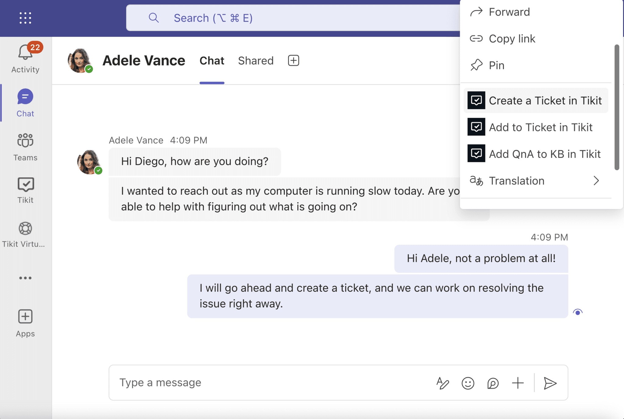 Official Tikit product screenshot showing a Teams message menu with Create a Ticket in Tikit