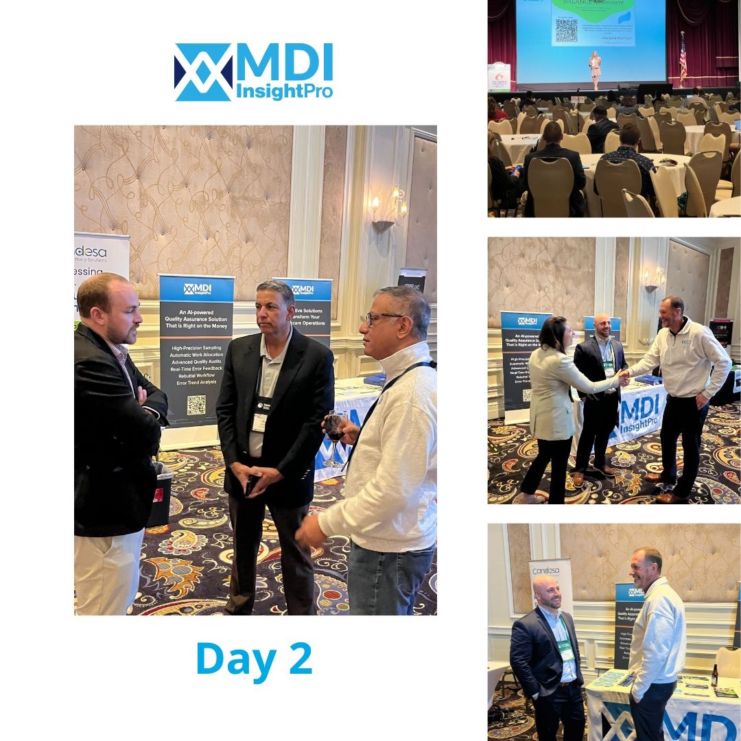 MDI NetworX's conference photo collage, including Tilak Sharma in conversation with fellow executives at the 2025 HCAA Executive Forum