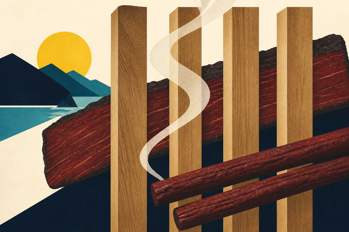Abstract Swiss-style composition of hardwood blocks, curling smoke, meat snacks and an Oregon coastal landscape