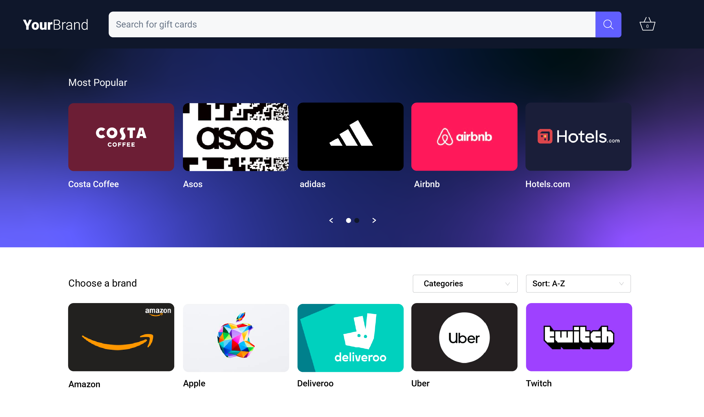 Tillo StoreFront product illustration showing a branded gift card shopping experience