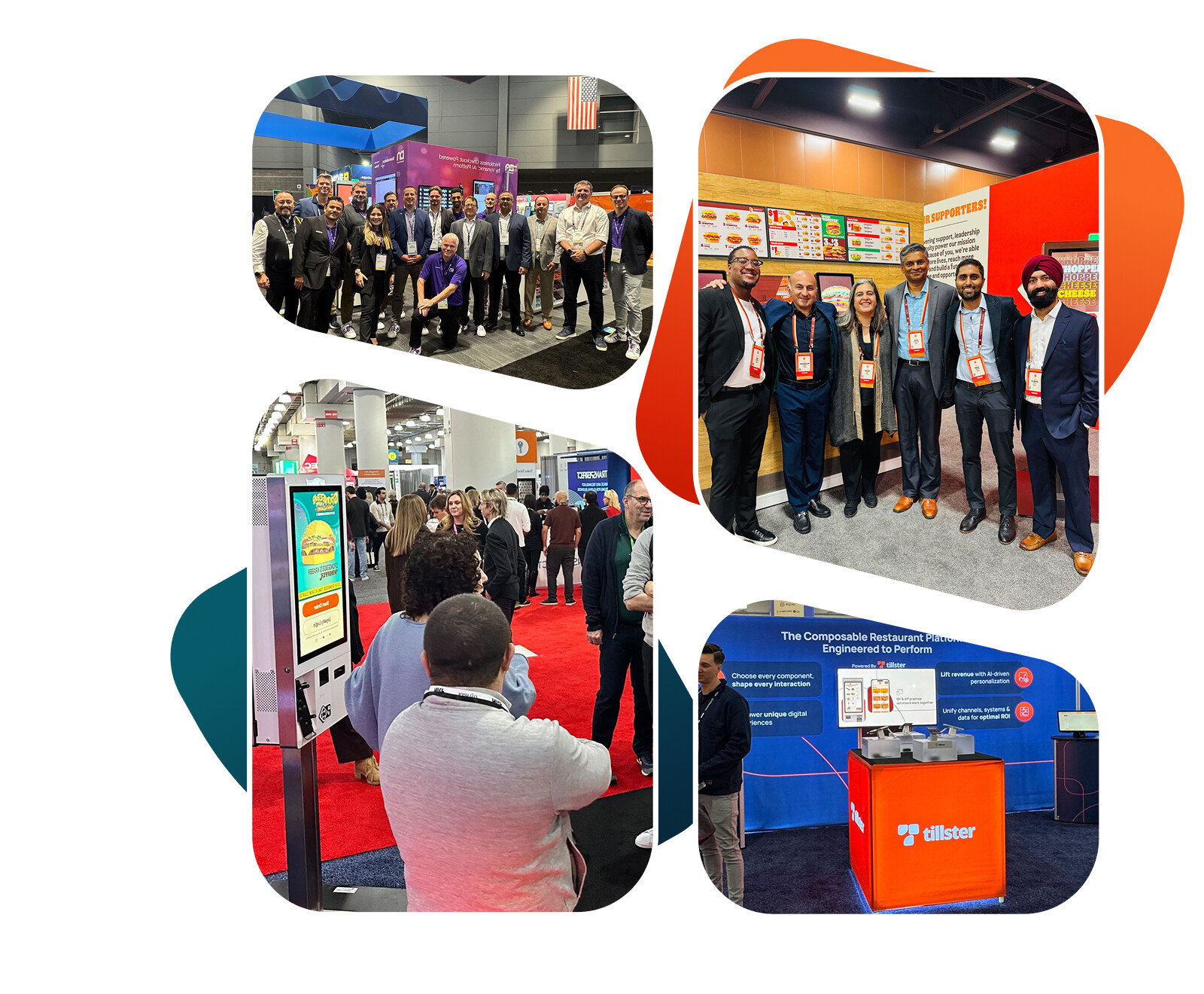 Tillster team members, customers and restaurant kiosks shown in a company collage