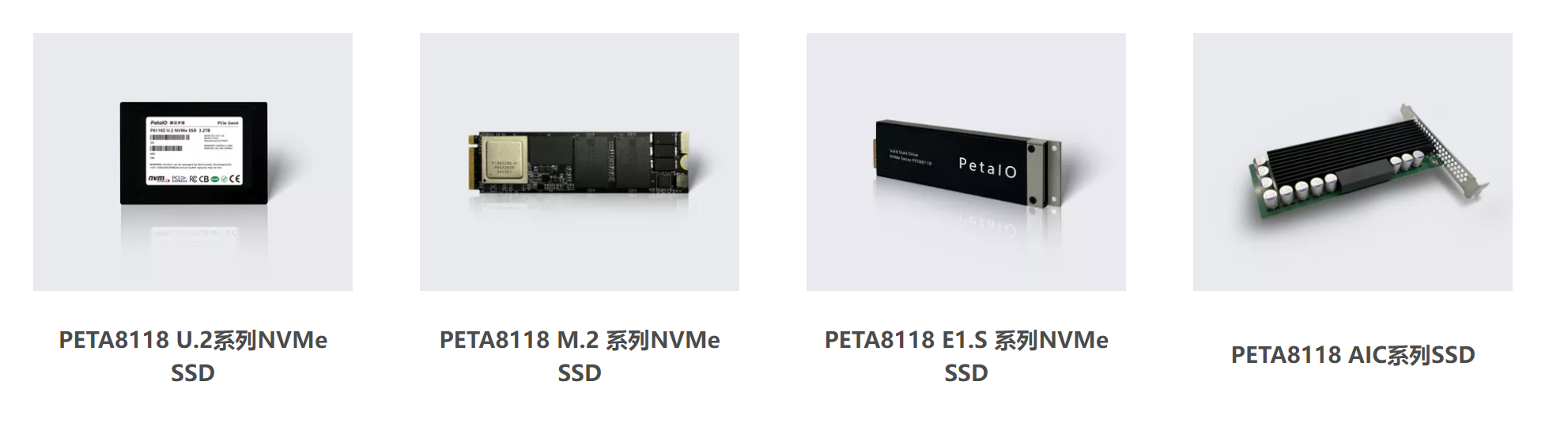 Four PETA8118 storage products in U.2, M.2, E1.S and add-in-card formats