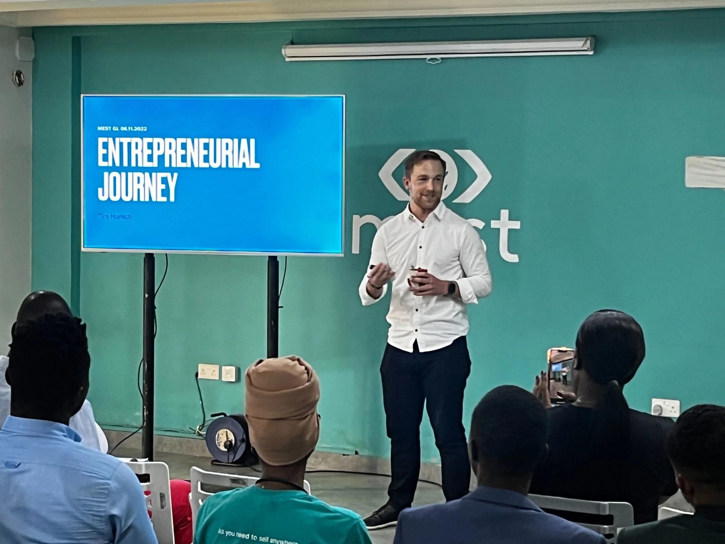 Tim Harsch speaking to entrepreneurs at MEST Africa in Ghana