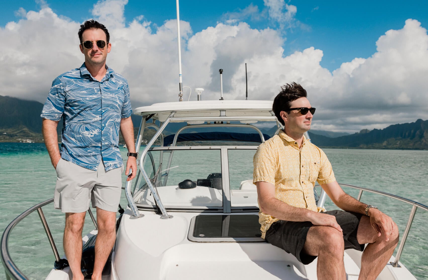 Tim Roy and Assaf Karmon aboard a boat on Kaneohe Bay in Hawaii