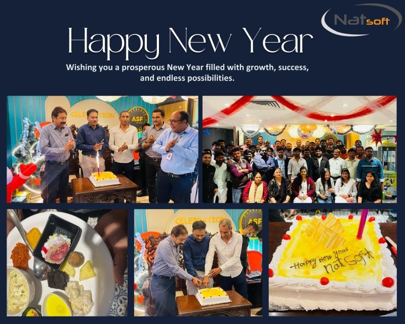 Natsoft's collage of its New Year 2024 gathering, with colleagues, a group photograph and a celebration cake.