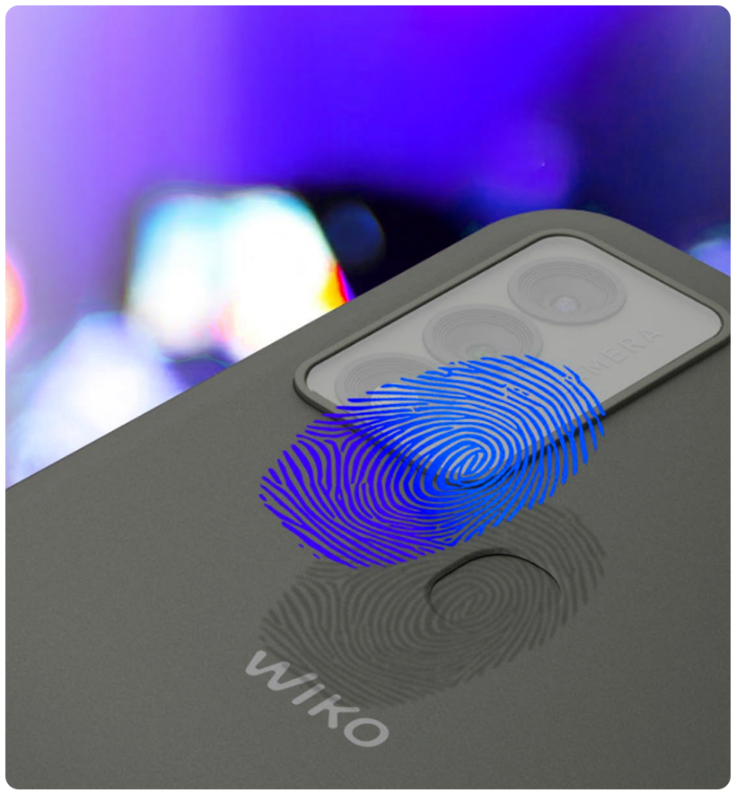 Close detail of a Wiko smartphone fingerprint sensor and cameras