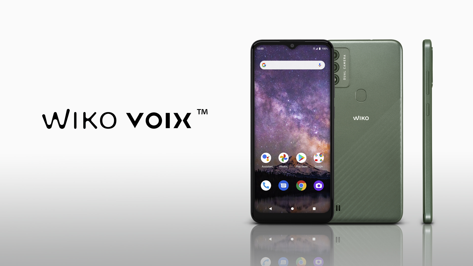 Wiko Voix smartphone shown from the front, back and side