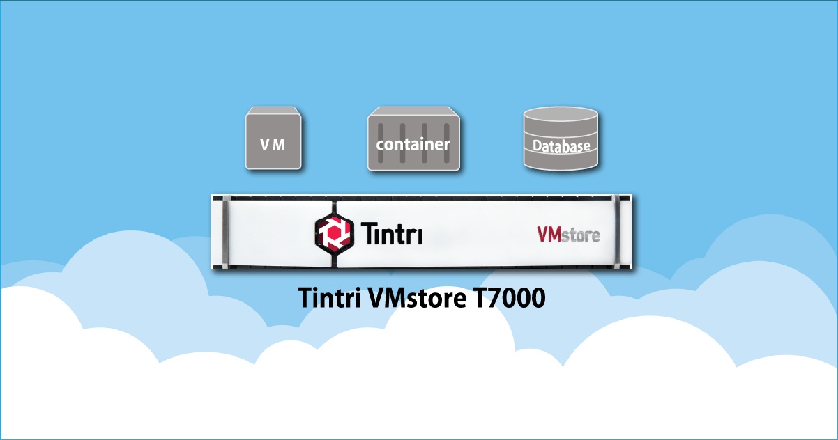 Tintri VMstore T7000 product illustration showing virtual machine, container and database workloads