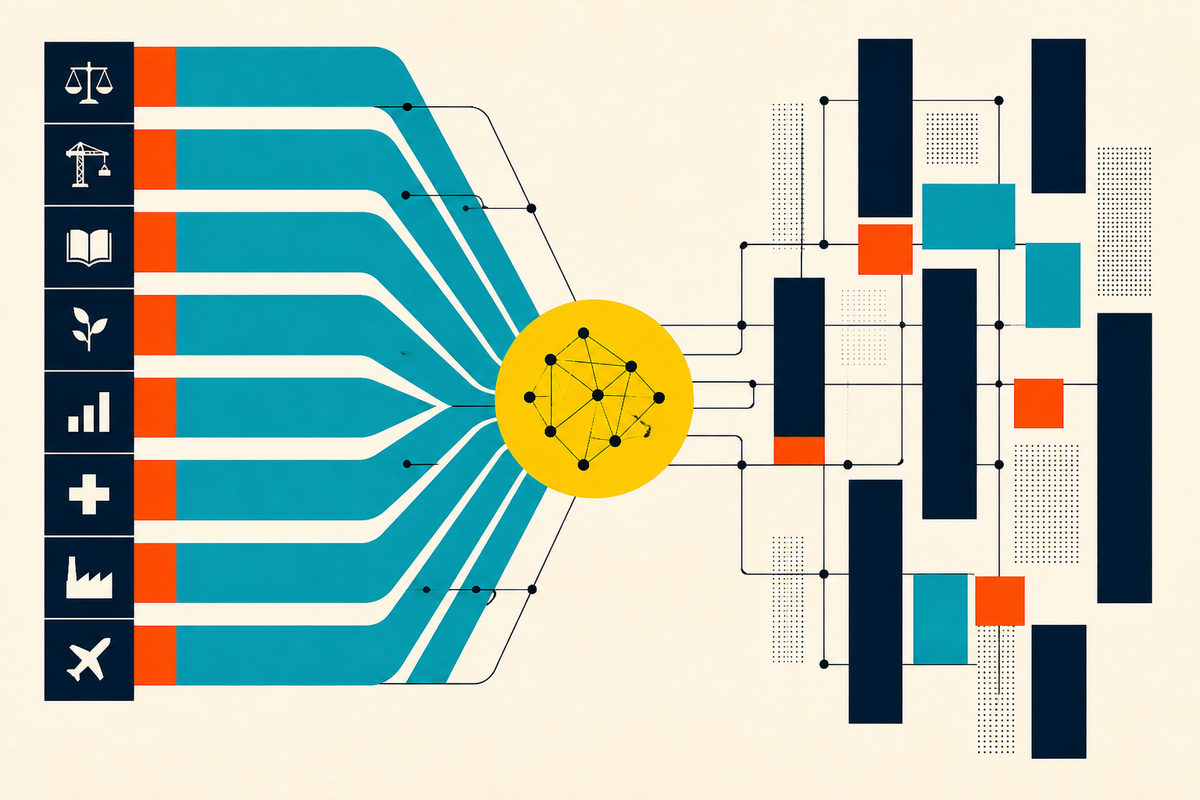 Abstract Swiss-style illustration of industry lanes converging through an AI system