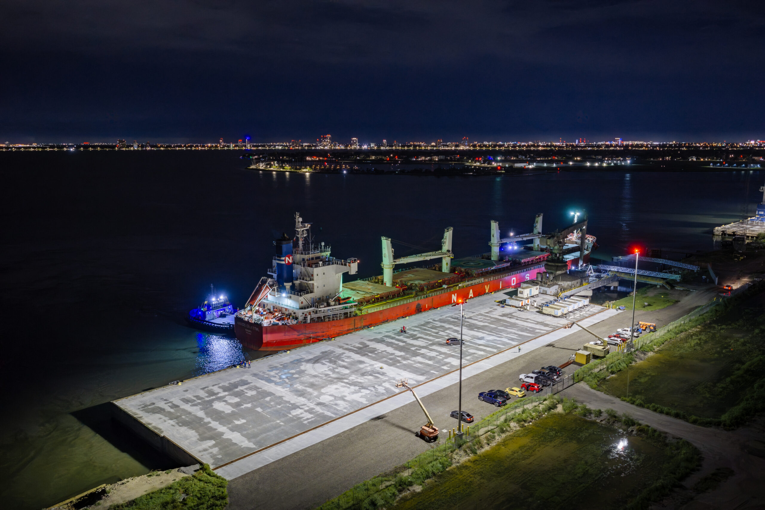 A bulk carrier alongside the illuminated Berth 218 at Port Tampa Bay