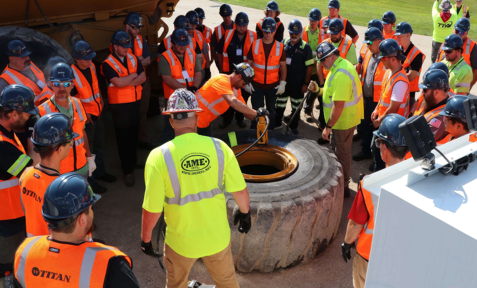 Tire service specialists demonstrate demounting techniques during Titan's 2024 training