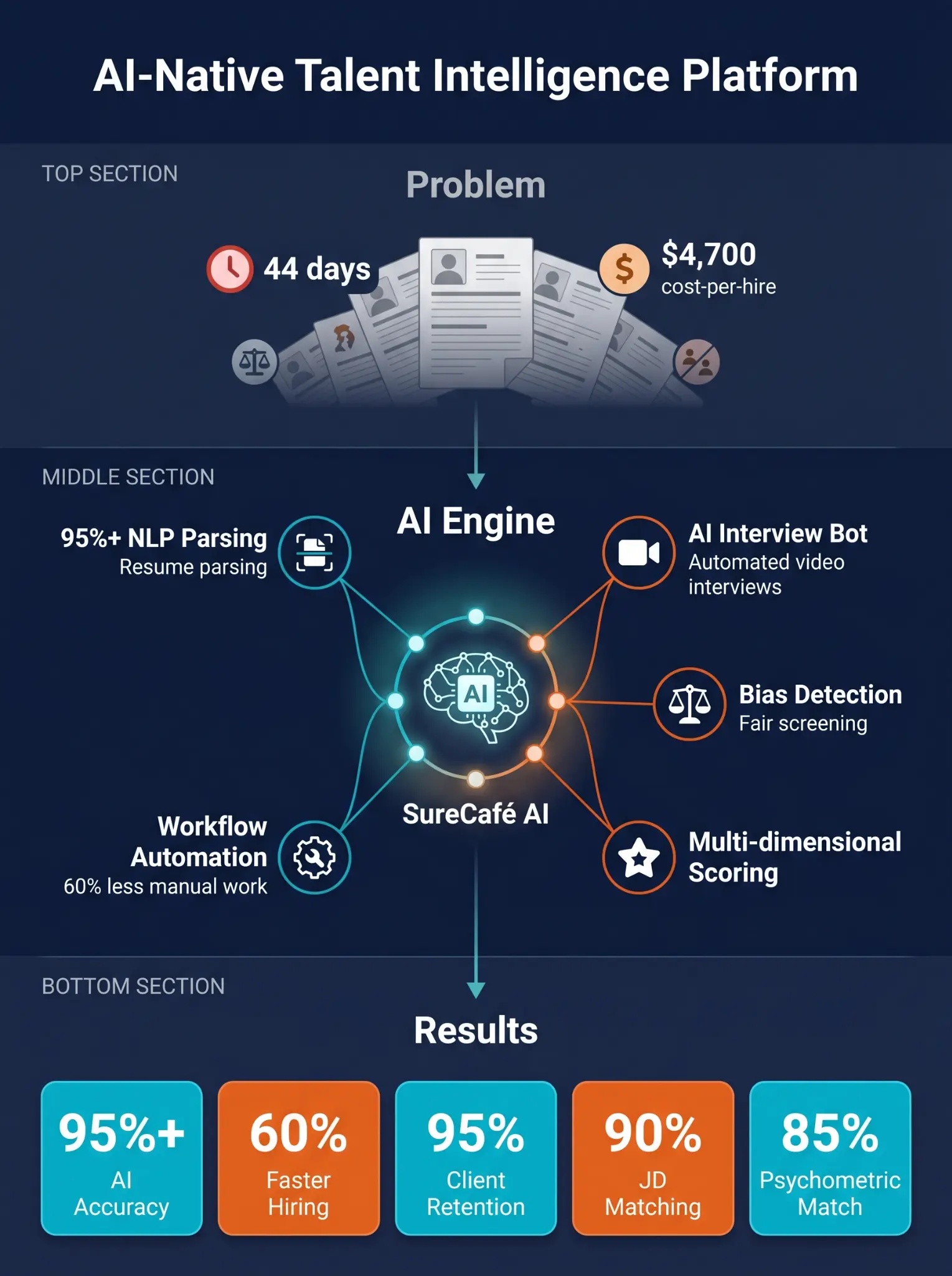 TIU’s SureCafe infographic showing resume parsing, video interviews, workflow automation and candidate scoring