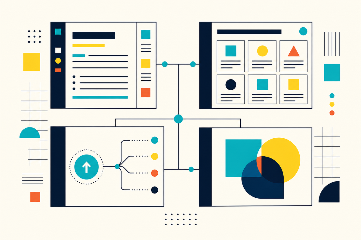 Abstract Swiss-style illustration of four connected content tools
