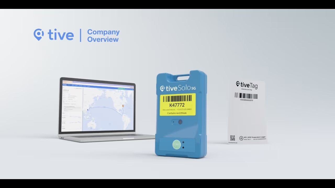 Tive cloud platform shown on a laptop alongside a blue Solo 5G tracker and a Tive Tag