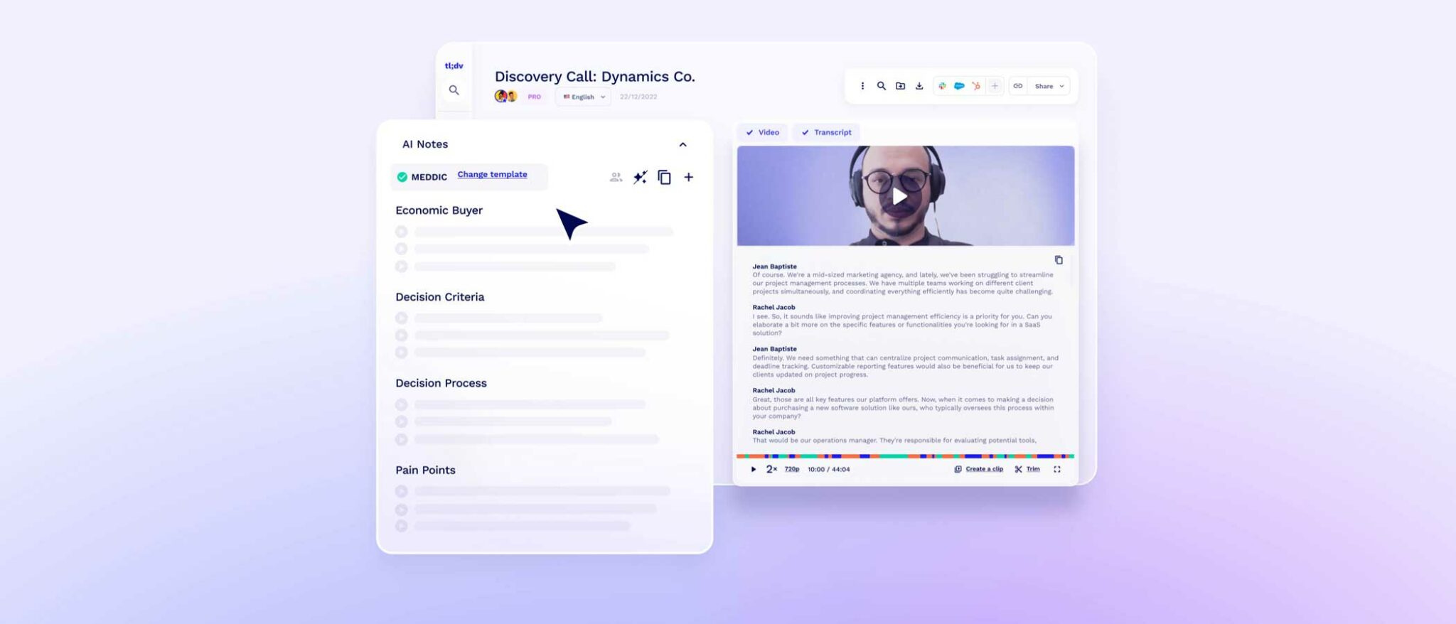 tl;dv meeting page showing MEDDIC AI notes beside a video and transcript