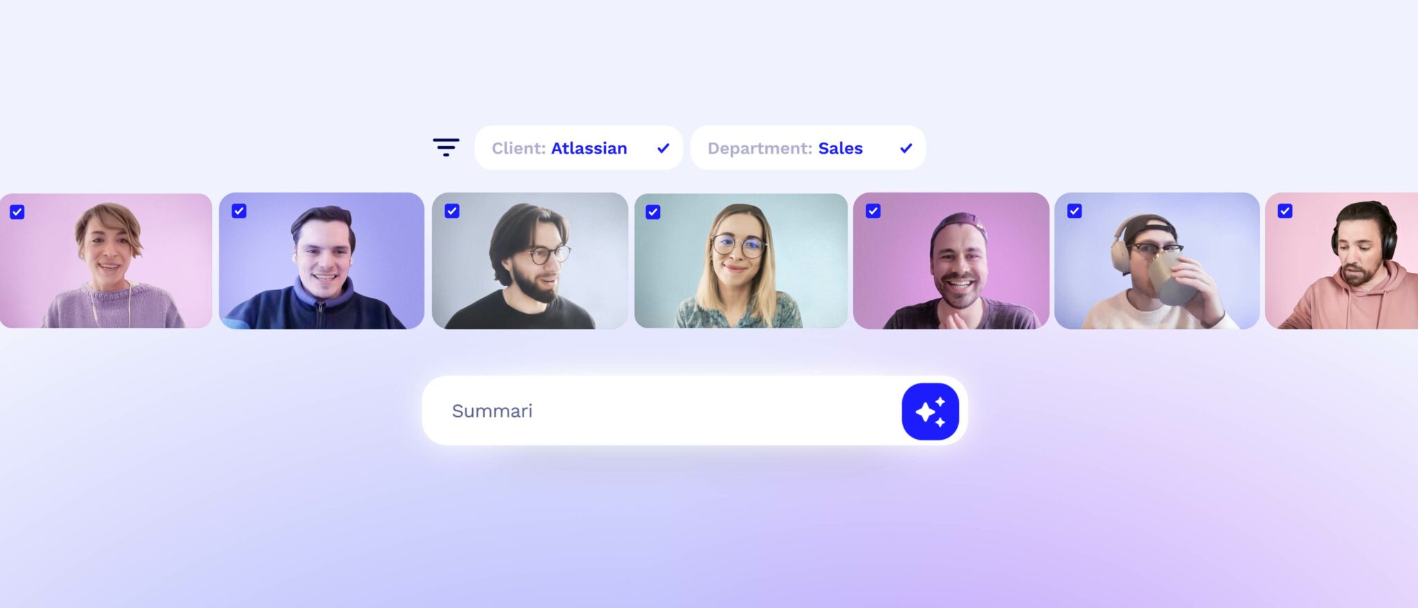 tl;dv interface selecting calls by client and department for a summary