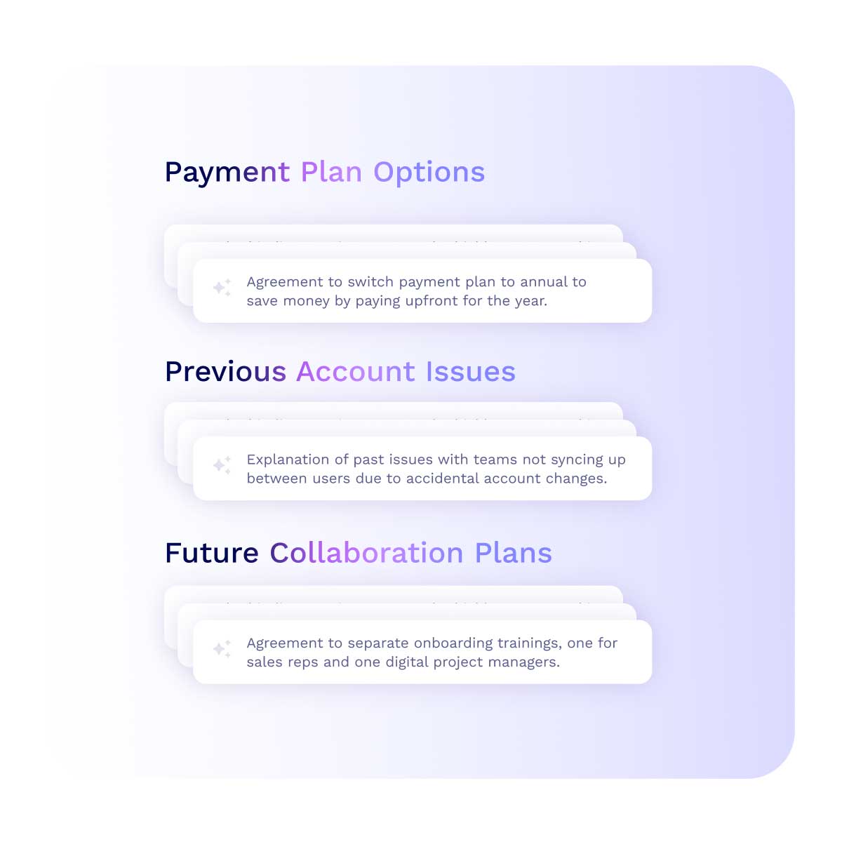 tl;dv AI notes grouped into payment plans, account issues, and future collaboration plans
