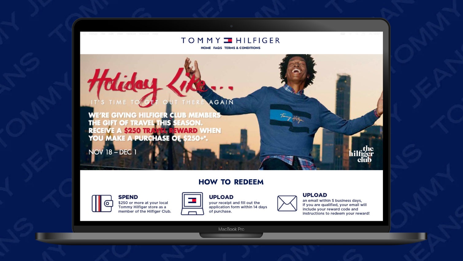 Tommy Hilfiger travel-reward campaign displayed on a laptop