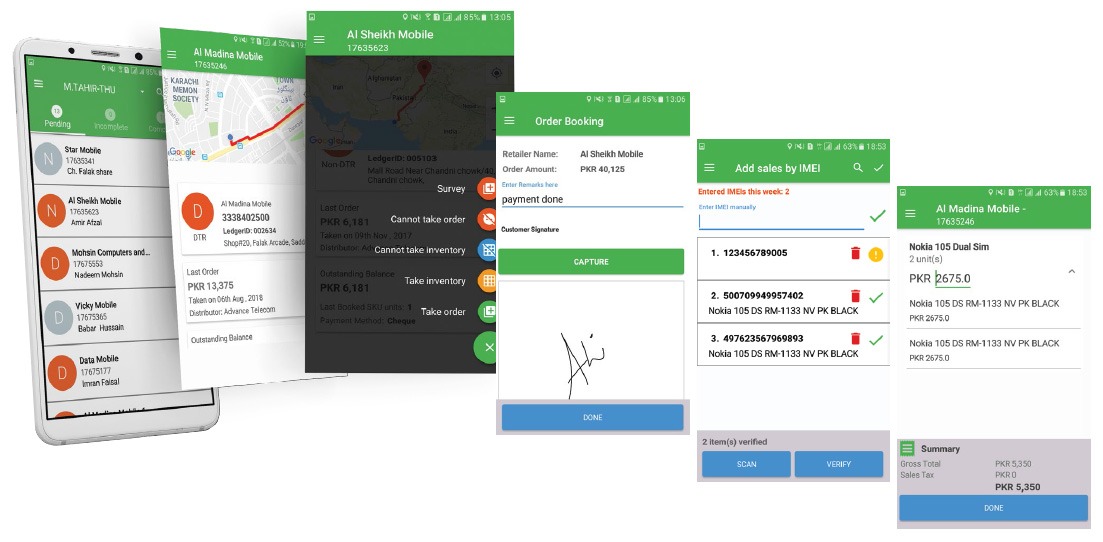 TMX Android application screenshots showing retailer selection, order booking, customer signature capture and IMEI validation