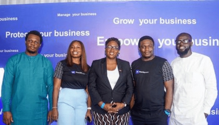 Tobi Amira at far left with Edidiong Uwemakpan, Hansatu Adegbite, Tosin Eniolorunda and Awal Elegbede at Moniepoint’s 2022 business-bank launch