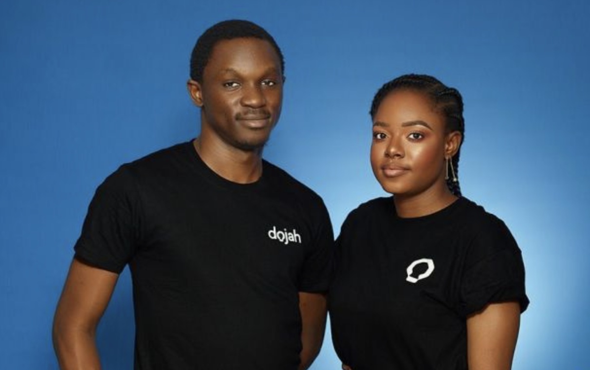 Dojah co-founders Tobi Ololade, left, and Ayomide Oso, right, in black company shirts
