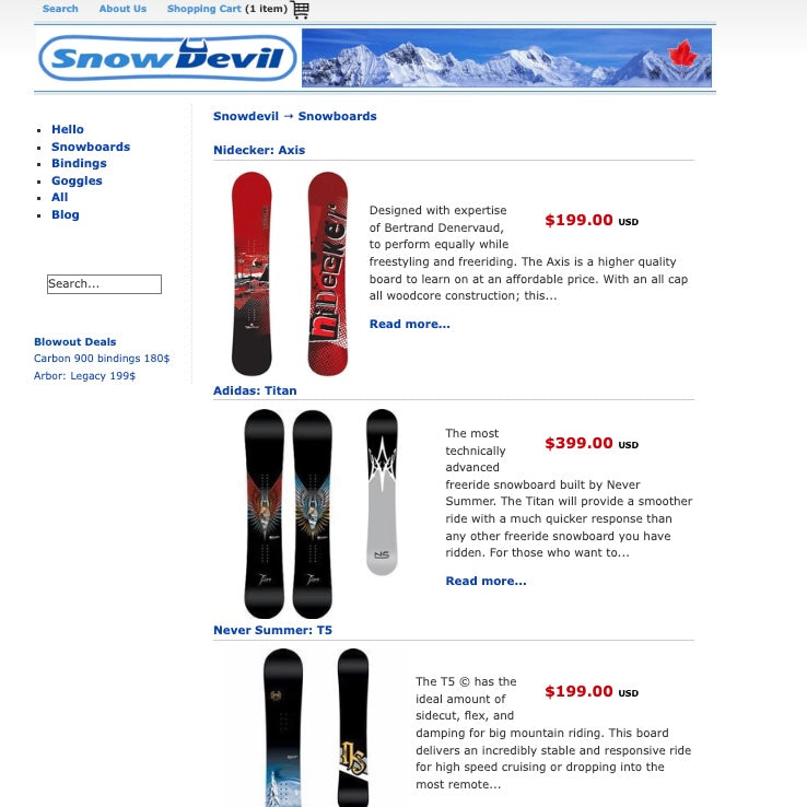The 2004 Snowdevil online shop displaying snowboard merchandise