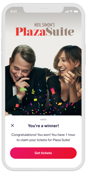 Historical TodayTix app illustration showing a Plaza Suite lottery win
