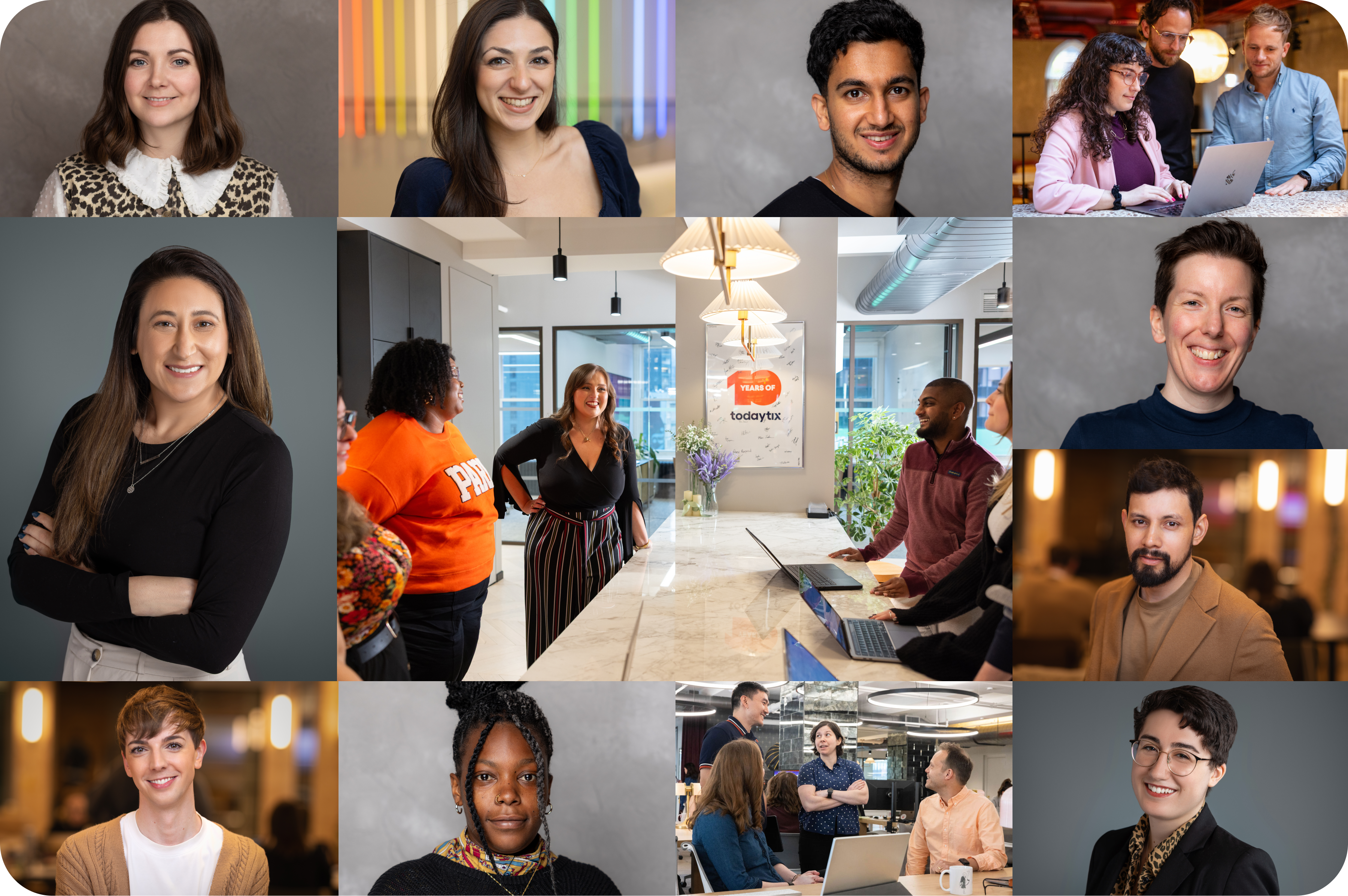 TodayTix Group collage of employee portraits and colleagues working together