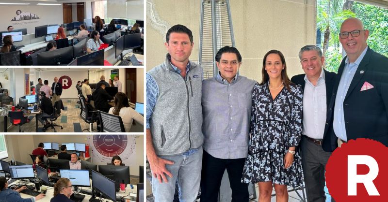 Collage of Redwood’s Monterrey offices and opening celebration, with Todd Berger at the left of the five-person group