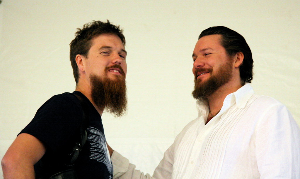 Todd Huffman, left, and Reichart Von Wolfsheild smile during a beard off at the 2008 BIL conference.