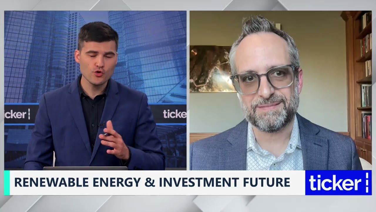 Todd Khozein, right, speaking remotely with a Ticker News presenter about renewable energy and investment