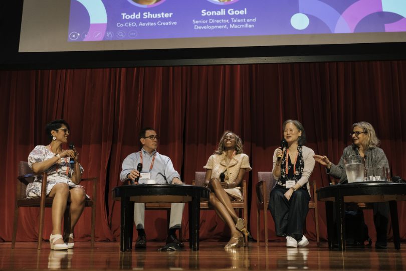 Todd Shuster and publishing professionals seated onstage during a 2024 U.S. Book Show panel