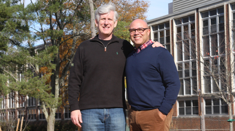 Todd Stottlemyer on the left, standing outdoors beside his former roommate Michael Powell