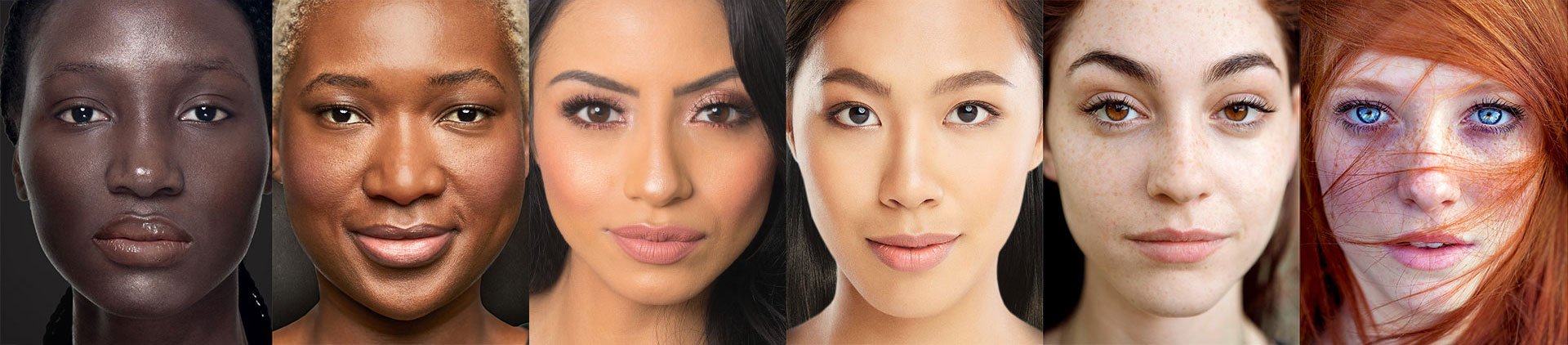 Six tightly cropped portraits representing a wide range of skin tones in the Obagi SKINCLUSION campaign