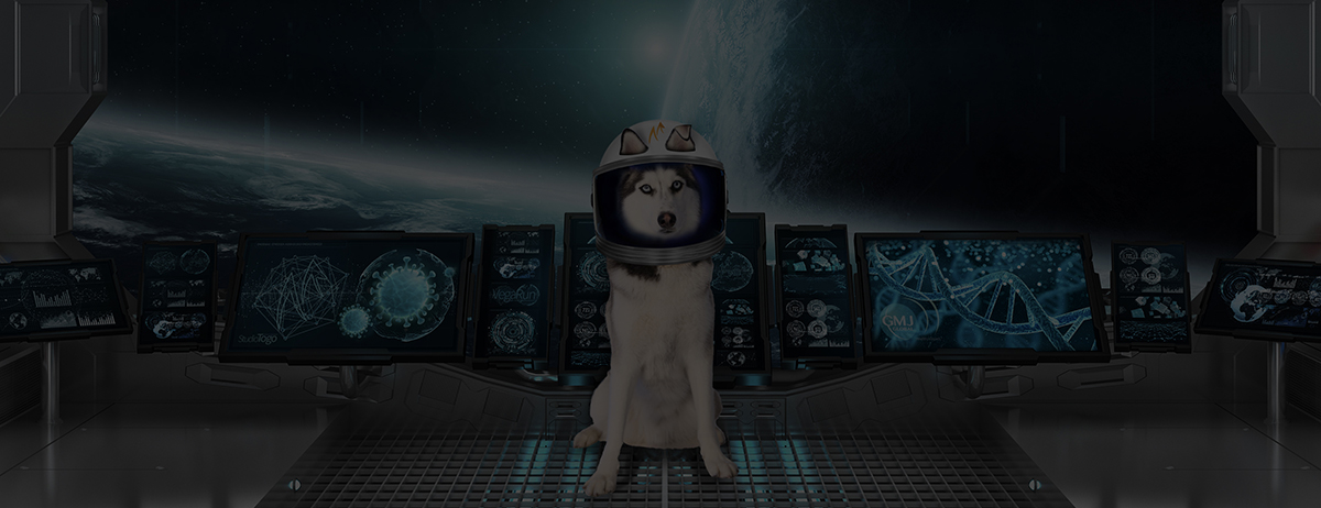 TogoRun artwork showing a husky in a space helmet inside a futuristic health-science control room