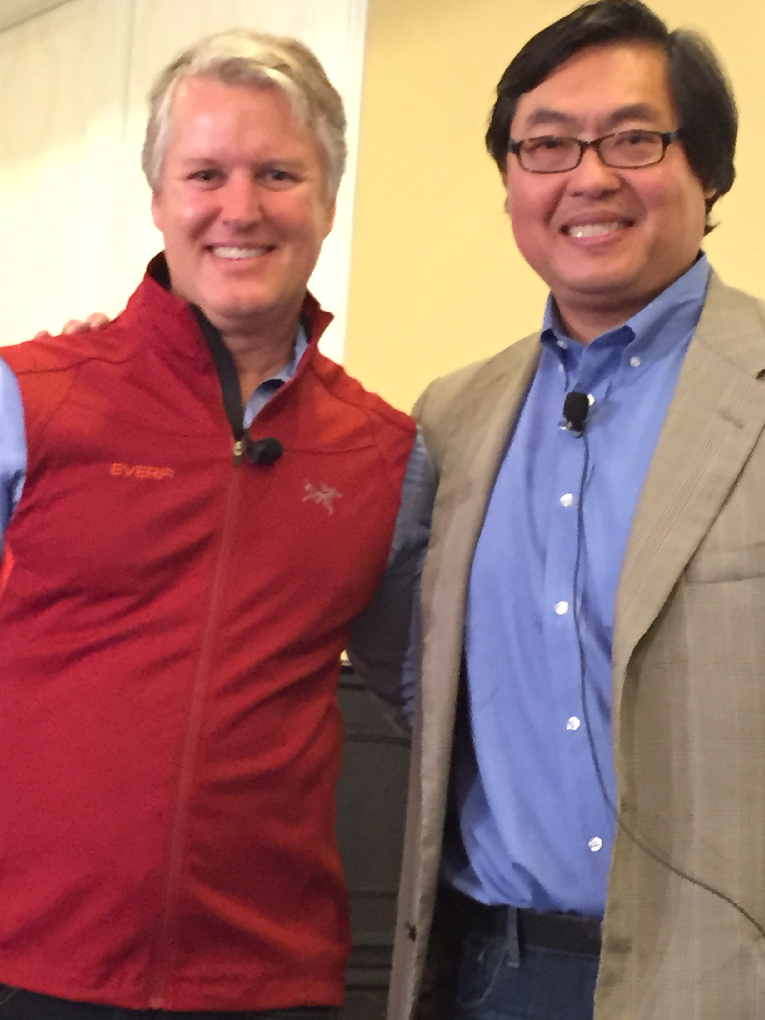 Tom Davidson, left, and interviewer Tien Wong standing together at Connectpreneur in 2015