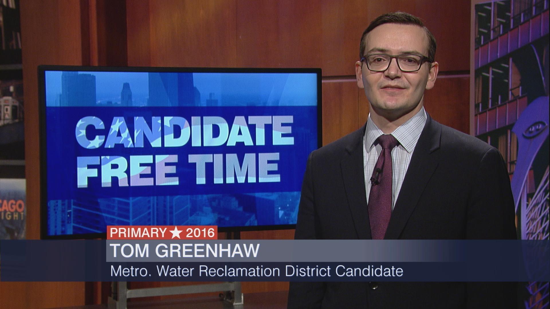 Tom Greenhaw delivering his 2016 candidate statement in the WTTW television studio