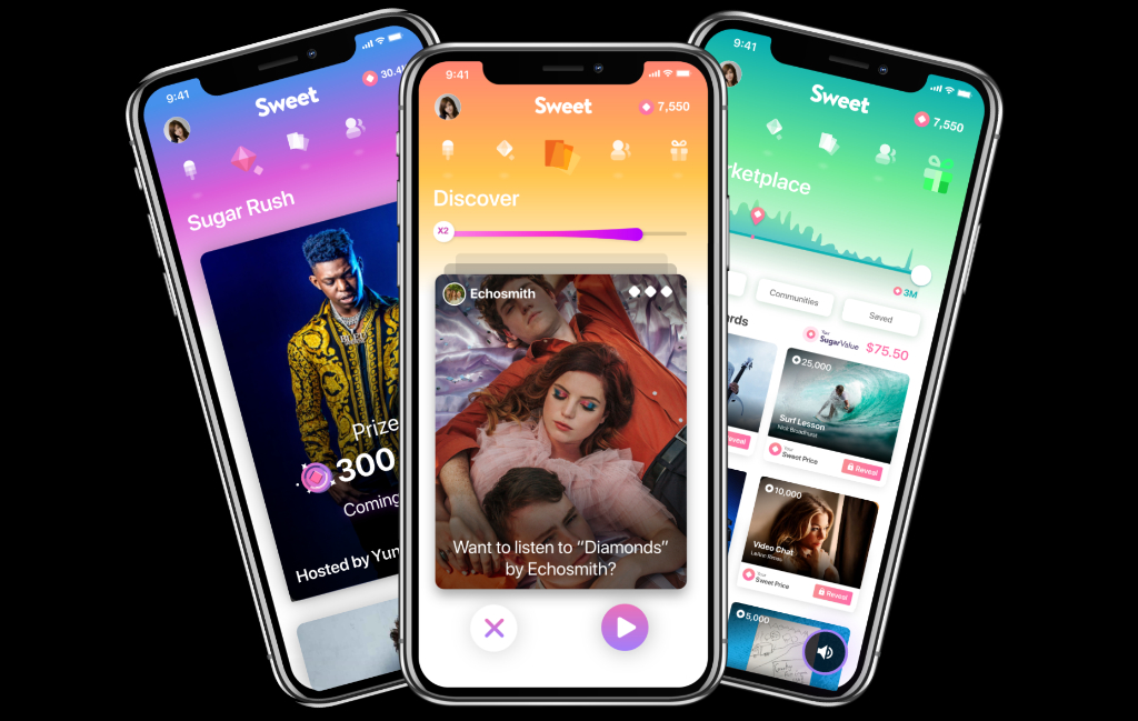 Sweet's early music app showing Sugar Rush, discovery and rewards screens
