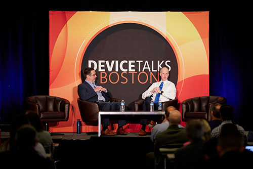Tom Polen, seated at right, in conversation on the DeviceTalks Boston stage