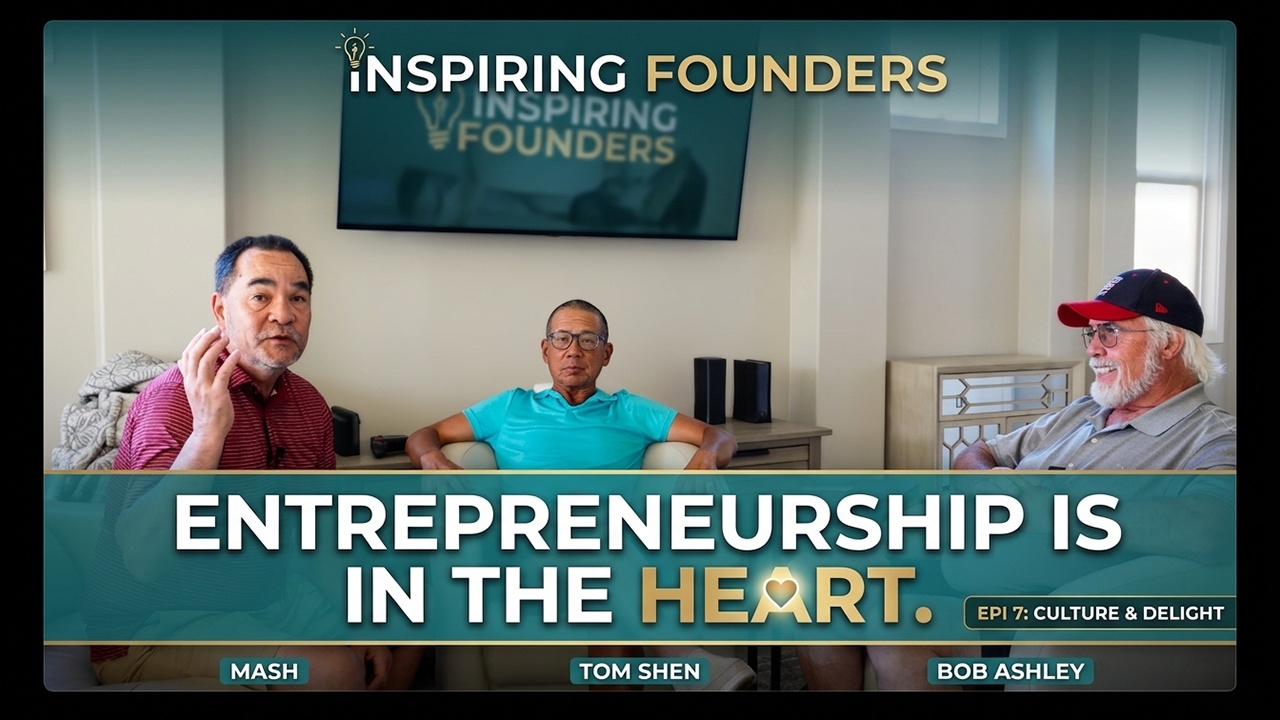 Tom Shen, centre, in conversation with host Michael Ashley and Bob Ashley on Inspiring Founders
