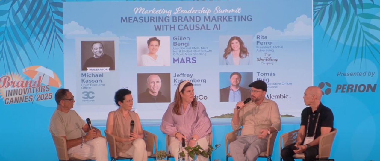 Tomás Puig, second from right, speaking on a Cannes 2025 panel with Michael Kassan, Gülen Bengi, Rita Ferro and Jeffrey Katzenberg.