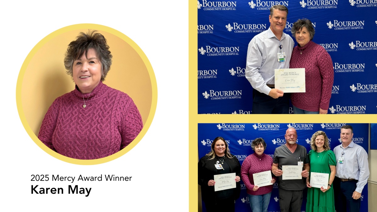 Karen May’s 2025 Mercy Award collage, with Tommy Haggard beside her and with award nominees.